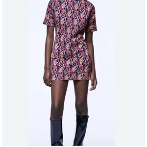 Zara Retro Printed High Collared Mini Dress size M Bloggers Favorite 8944/655